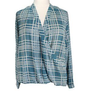 CAbi Windowpane Faux Wrap Top Womens Sz XL Blue Ivory Plaid Long Sleeve #3068
